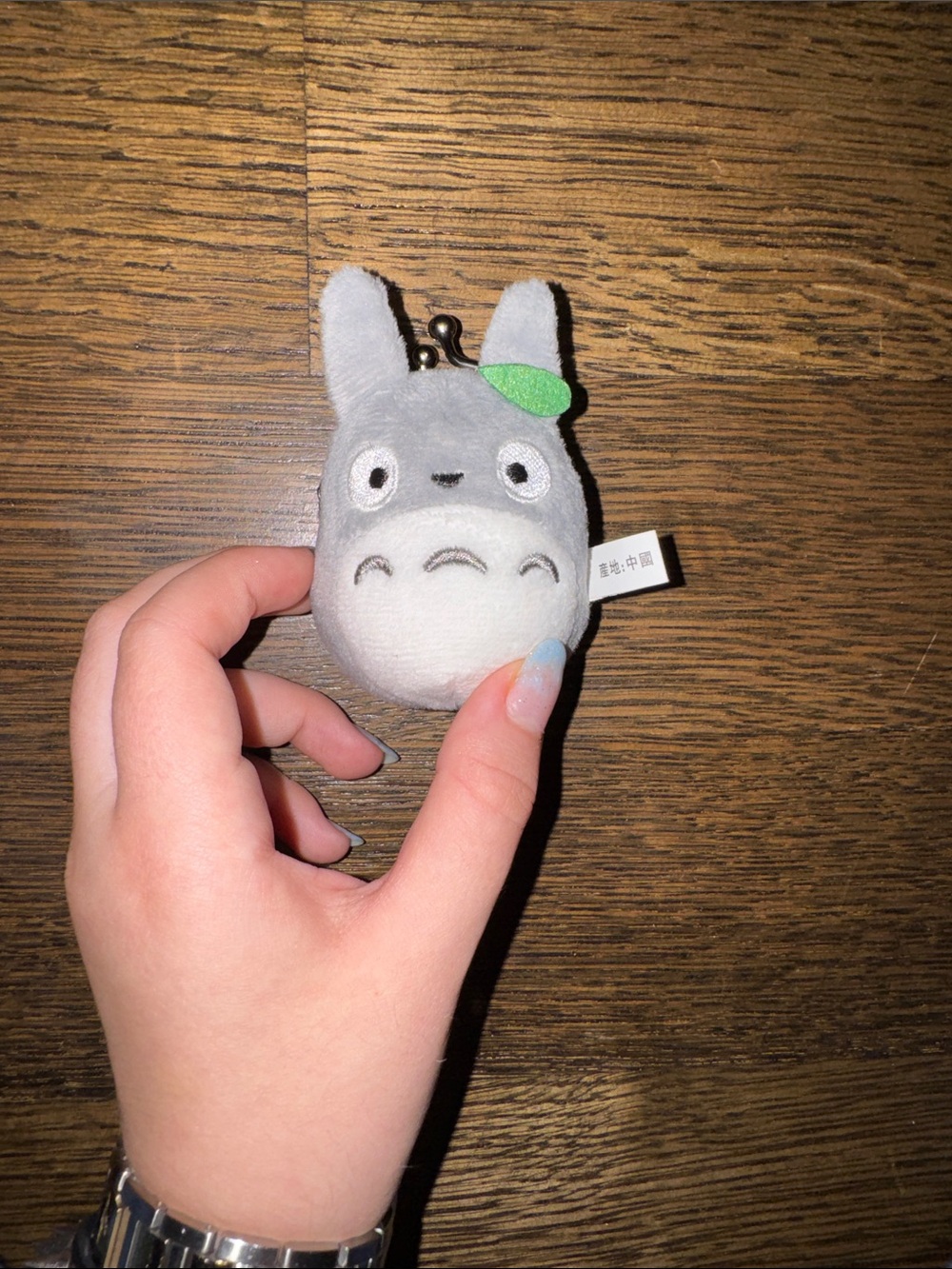 Gray Totoro Plush Keychain with Green Leaf
